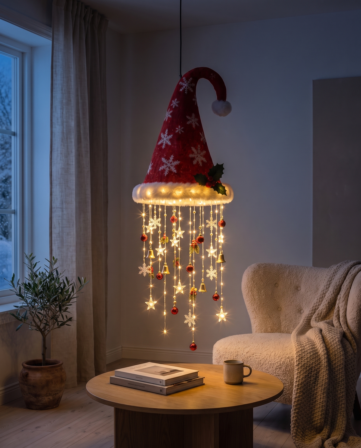 Santa Hat lamp glowing at night [on]