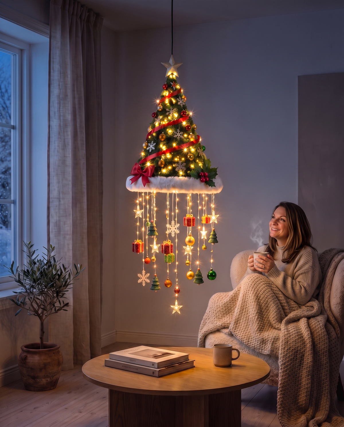 Christmas Tree lamp glowing above a woman relaxing with cocoa
