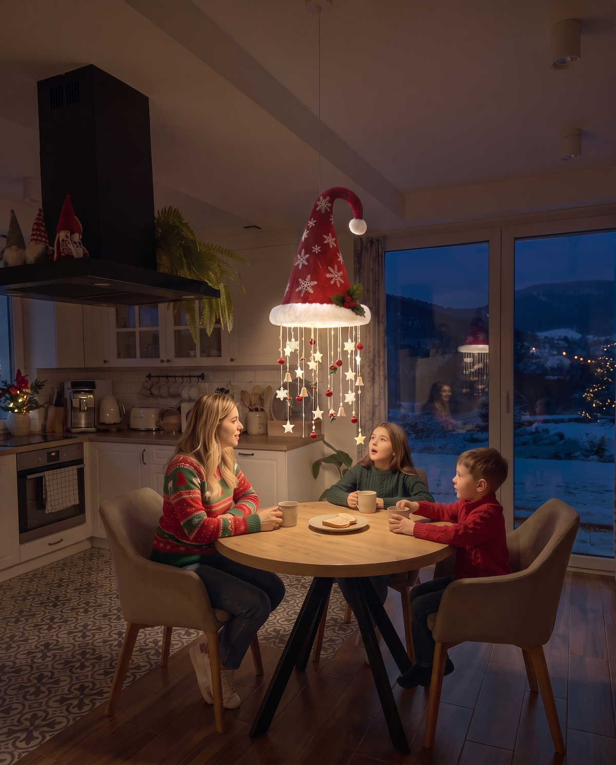 Santa Hat lamp glowing over a family's kitchen table at night