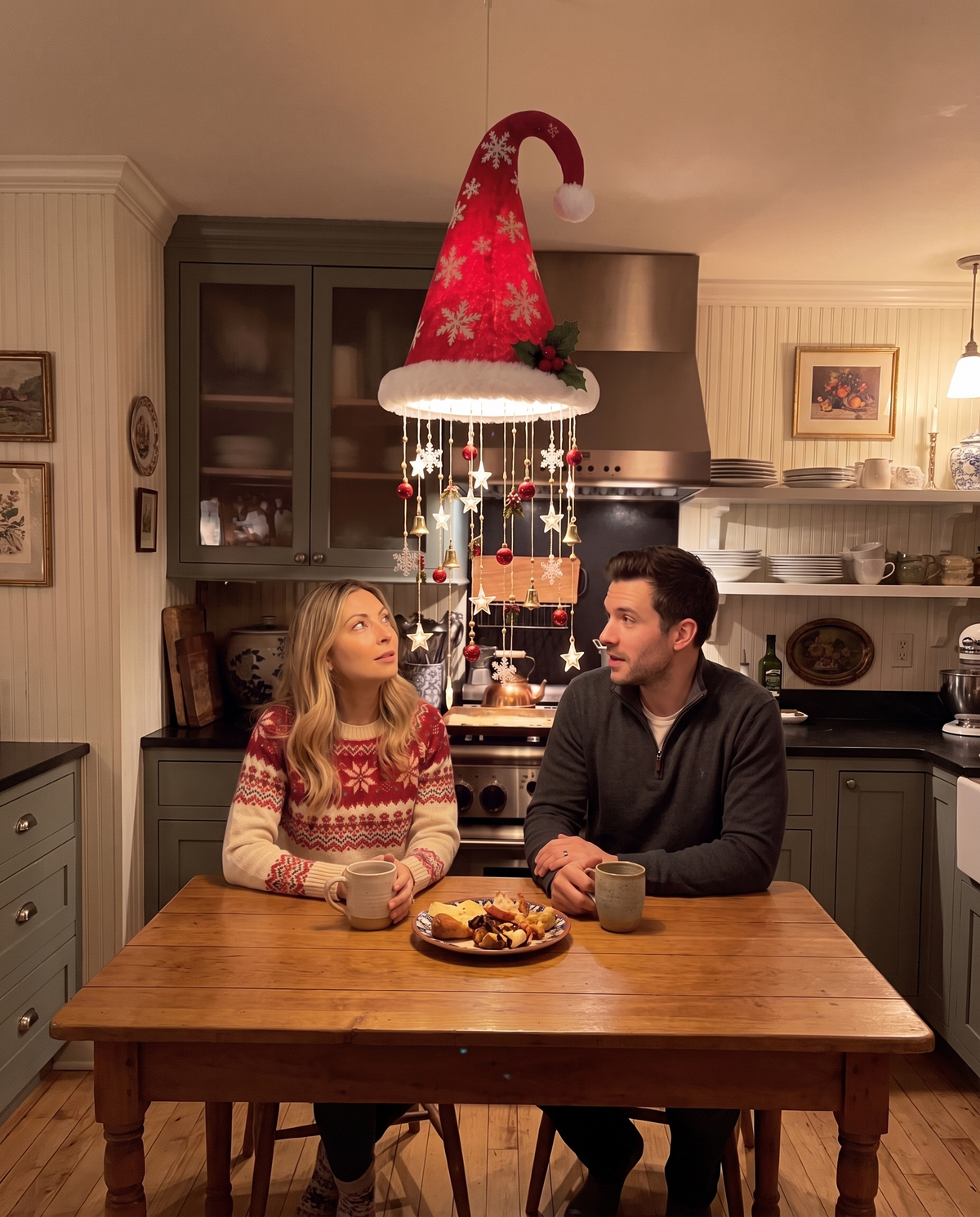 Santa Hat lamp above a couple at the kitchen table