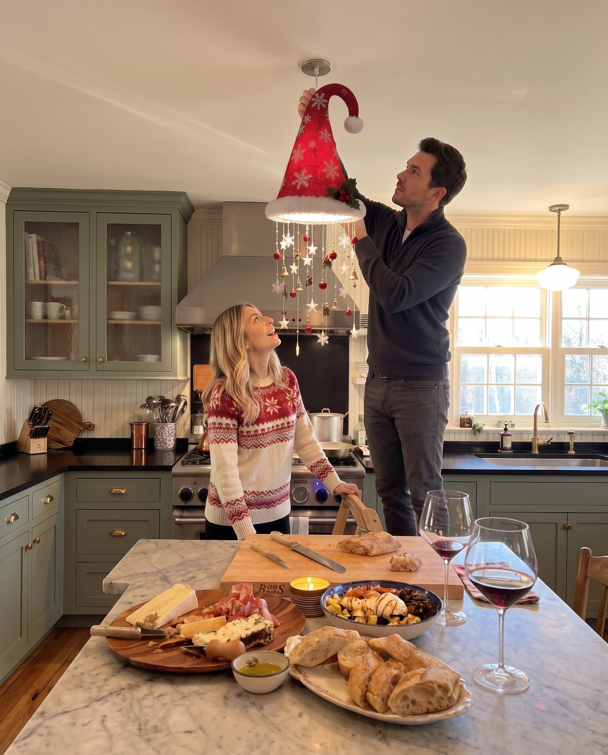 Santa Hat lamp being hung in a kitchen
